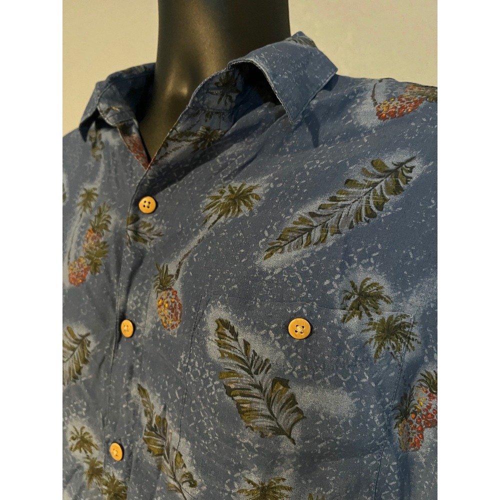 Pronto Uomo Mens Large Blue Tropical Pineapple Palm Tree Rayon Button Down Shirt - Picture 3 of 5